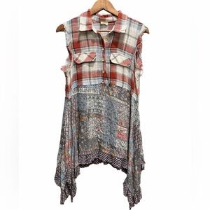 HYKU Patchwork Plaid & Floral Sleeveless Top Raw Hem Boho Western Size S